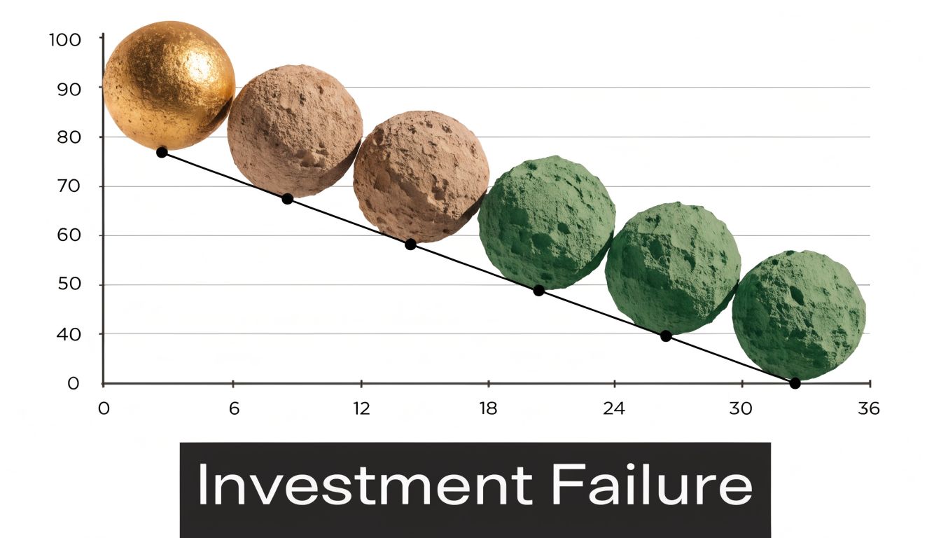 A line chart with balls showing a declining trend representing investment failure over a 36 month period.