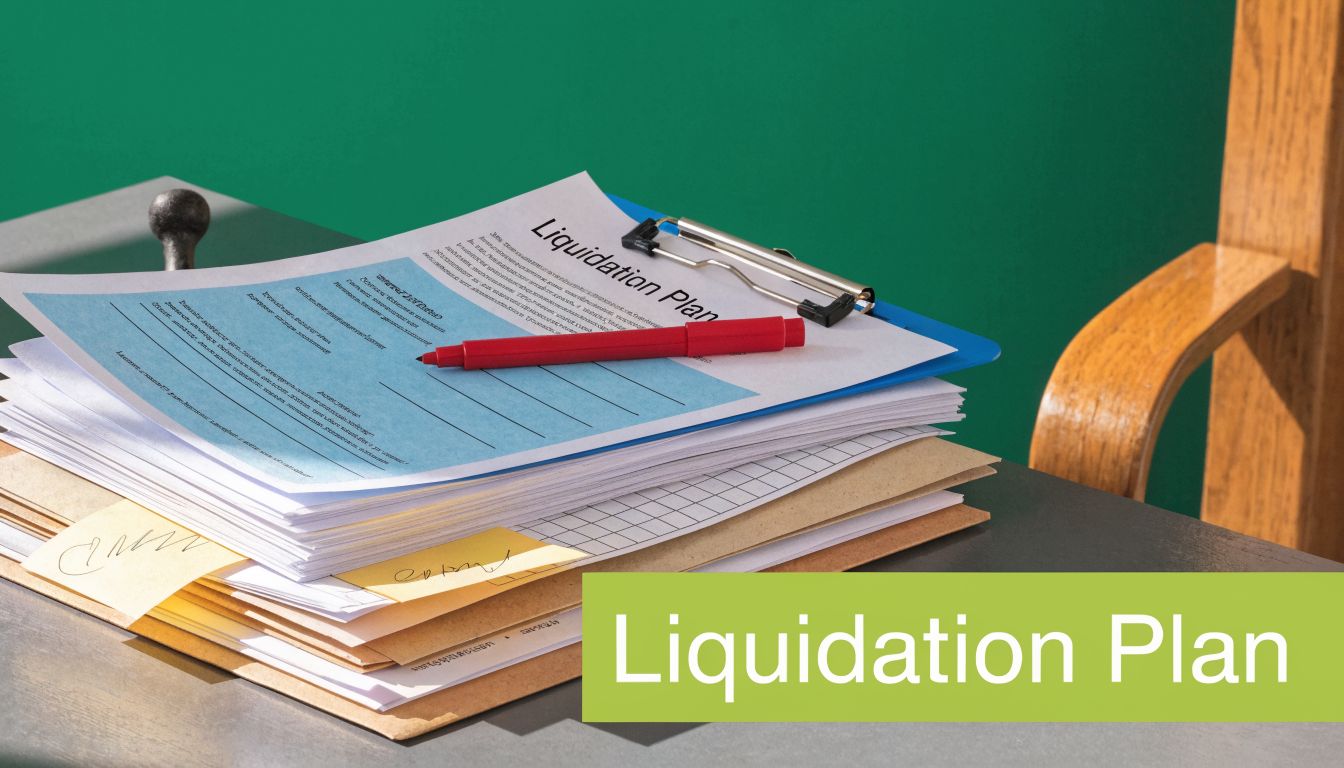 A stack of business documents labeled Liquidation Plan with a red pen resting on a clipboard.
