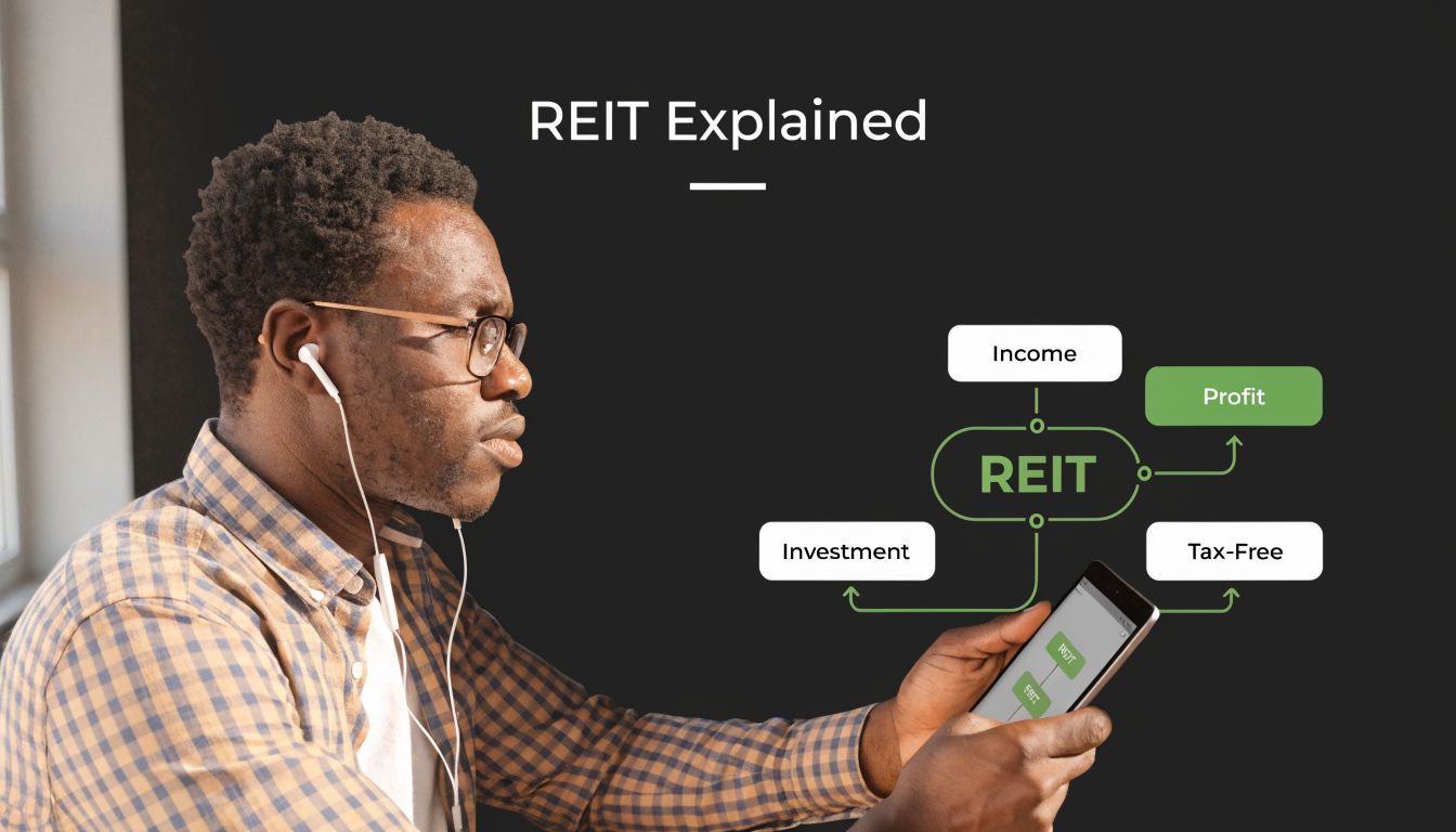 A man in a plaid shirt reviewing REIT investment information on his smartphone in a digital diagram.