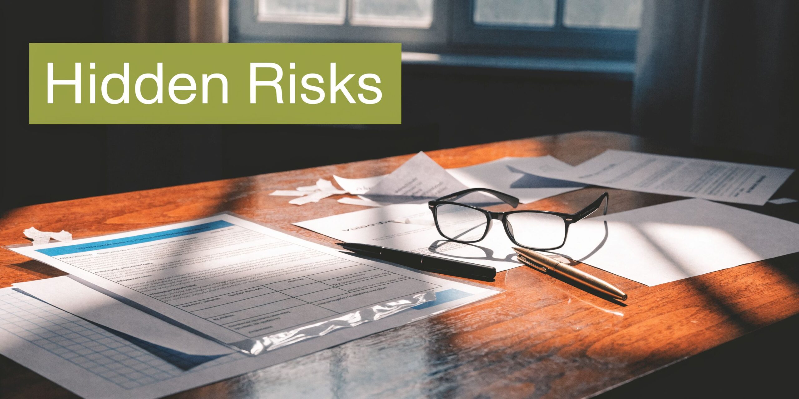 A wooden desk with a document, glasses, and a pen, featuring the text Hidden Risks above.