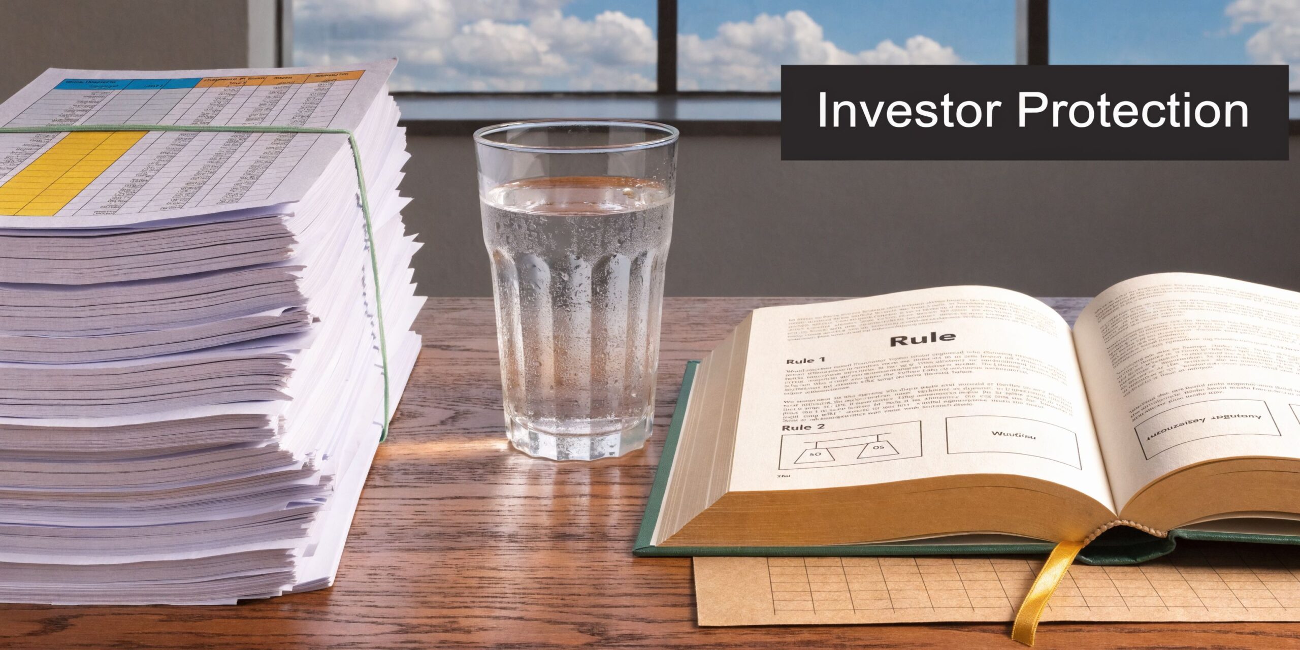 A stack of documents, a glass of water, and an open book titled Rule on a wooden table.