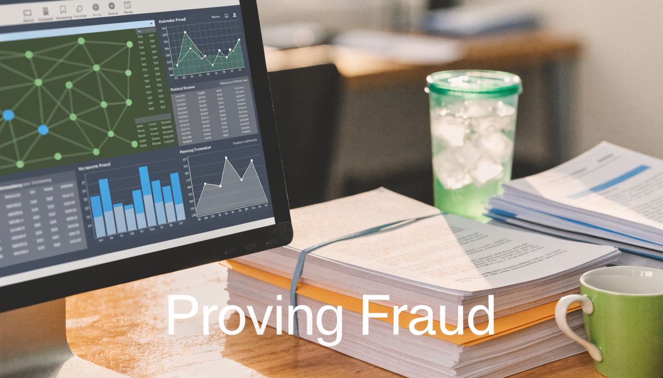 A computer screen showing financial data charts beside a stack of documents and a coffee cup.