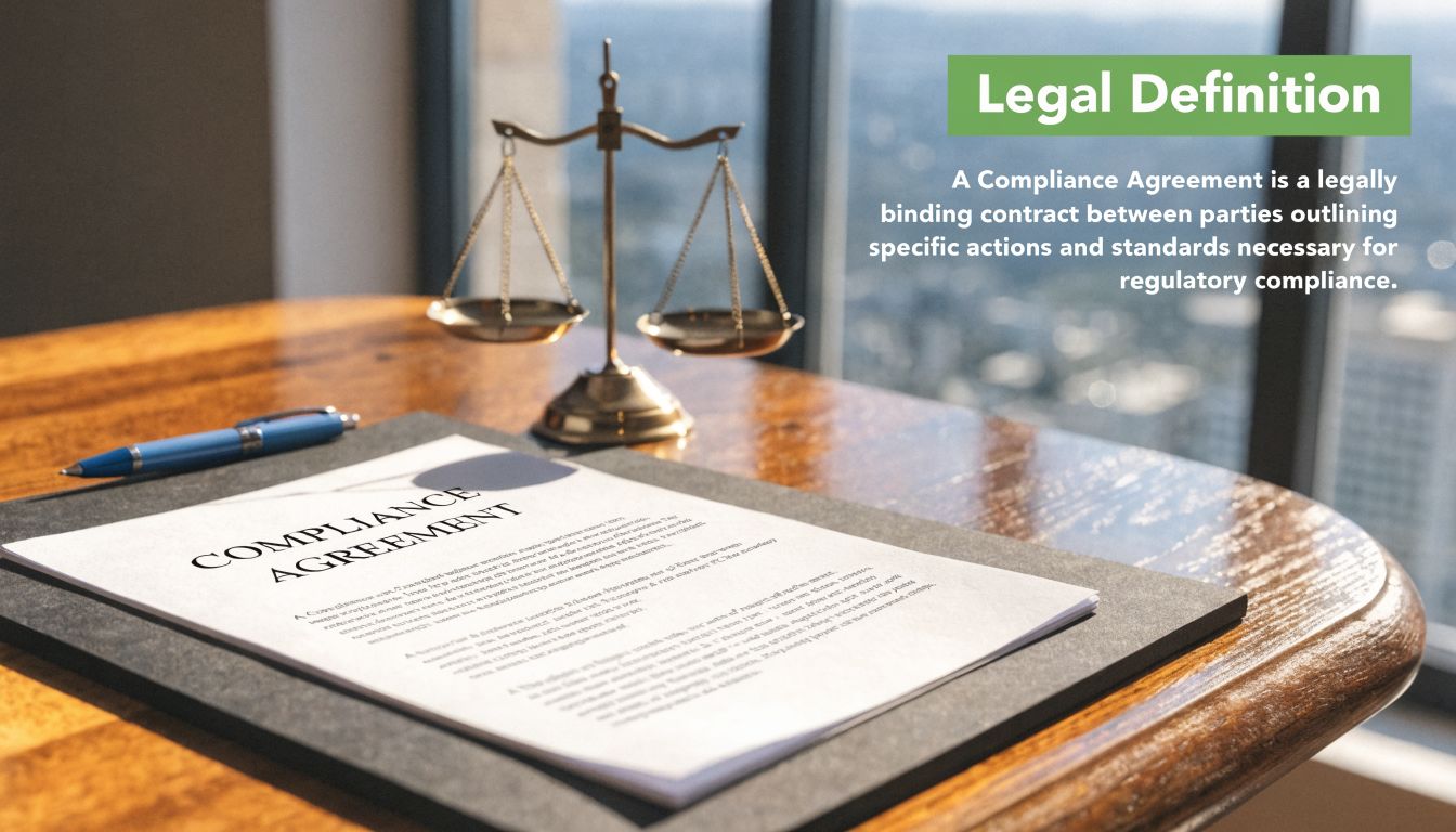 A legal compliance agreement document sits on a wooden desk with a golden balance scale.