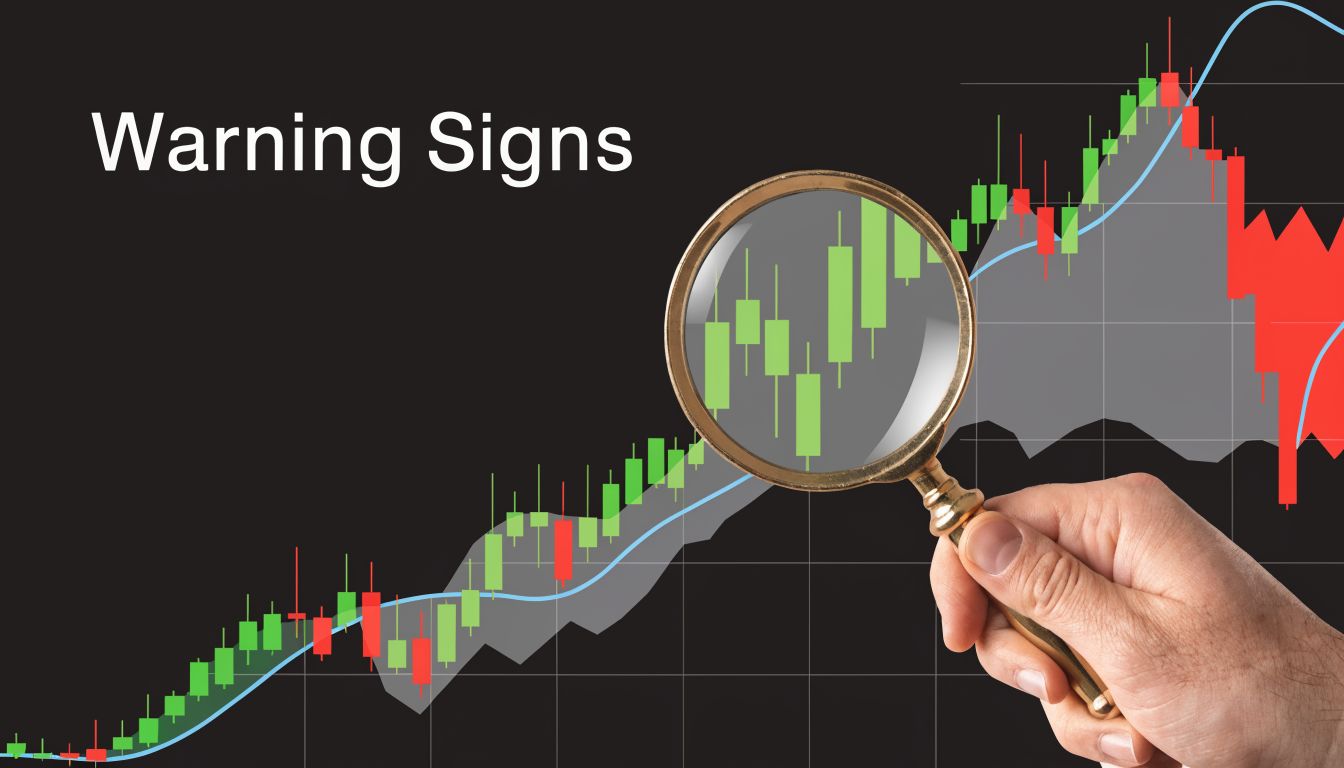 A hand holds a magnifying glass over a stock market chart, highlighting potential market warning signs.