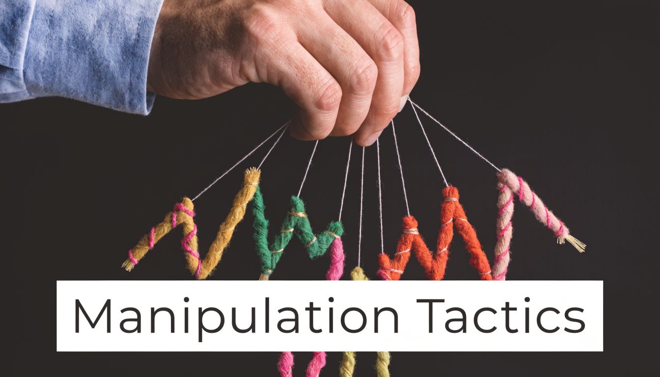 A hand holding strings that control colorful yarn charts representing stock market trends and manipulation tactics.