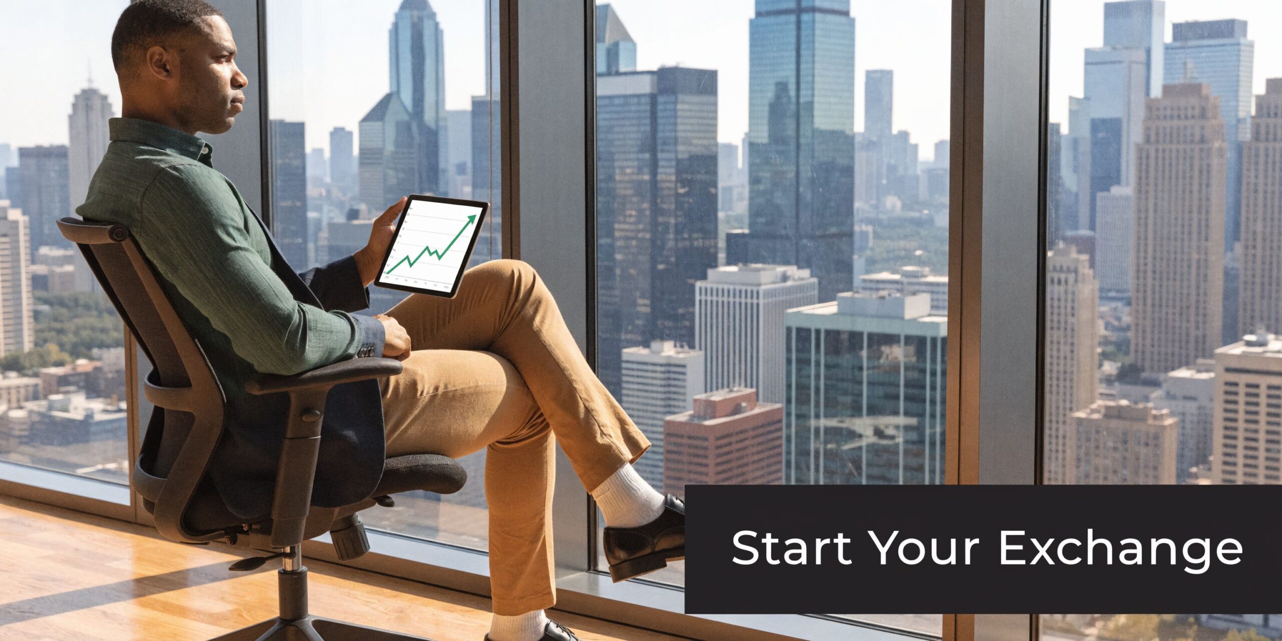 A professional man sitting in an office chair overlooking a city skyline, holding a tablet with a graph.