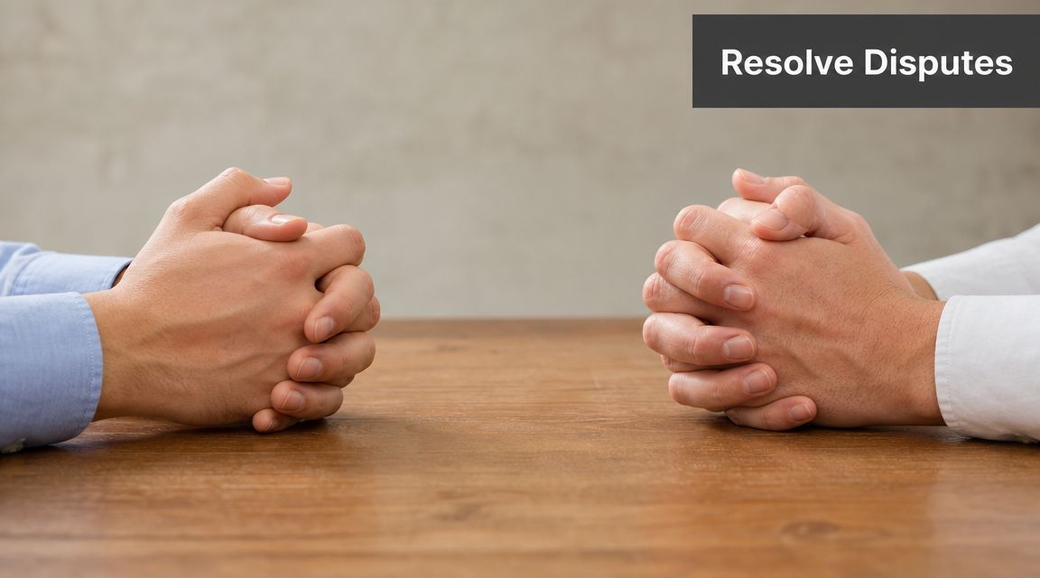 Two people with clasped hands sitting across from each other at a wooden table during a discussion.