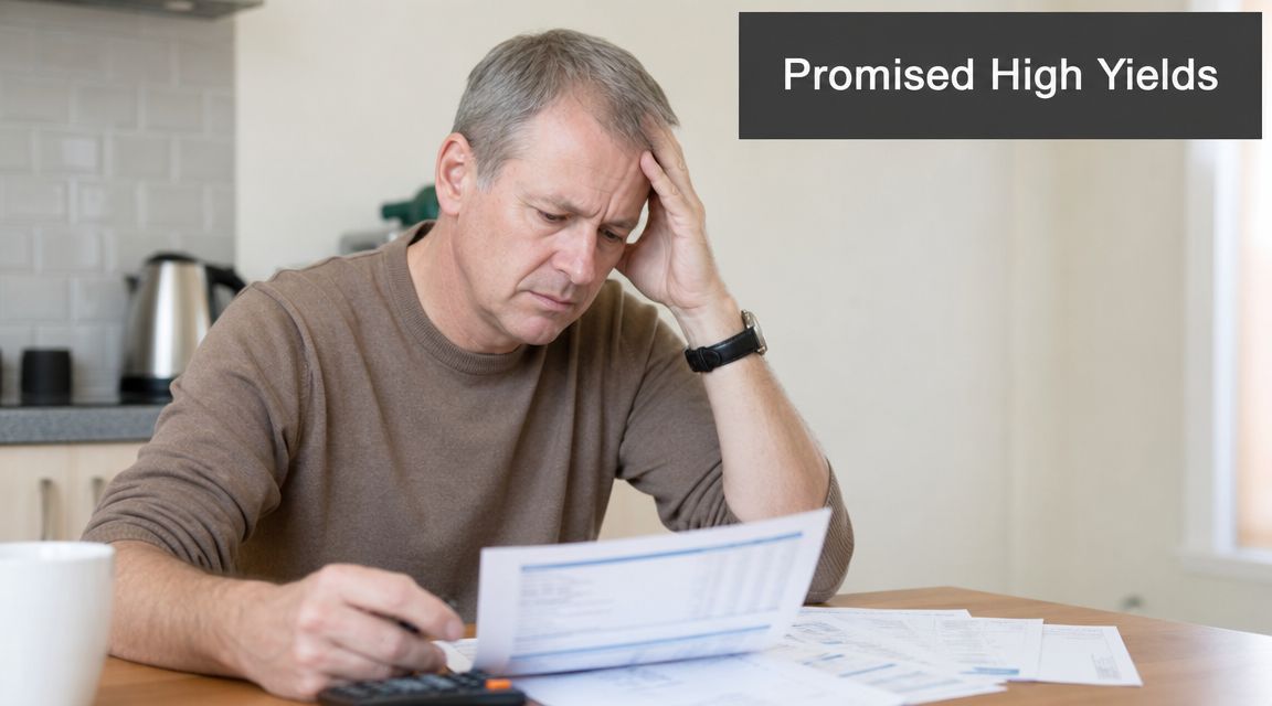 A middle-aged man sits at a table appearing distressed while reviewing financial documents labeled Promised High Yields.