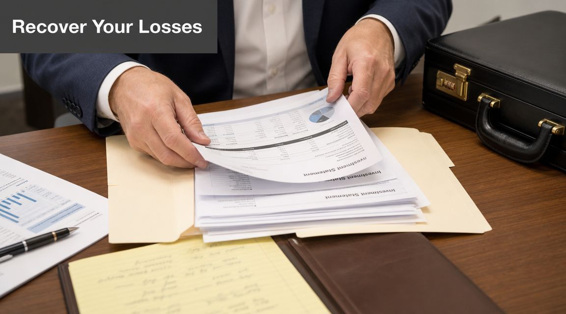 A professional in a suit reviewing investment statements at a wooden desk with a black briefcase nearby.