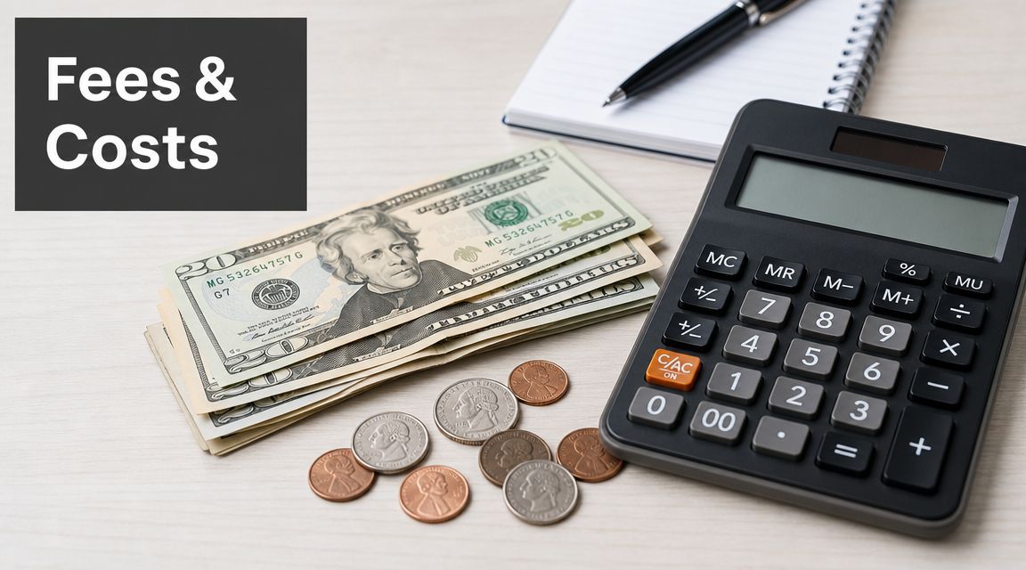 A calculator, stack of twenty-dollar bills, and scattered coins sit on a desk beside a notepad.