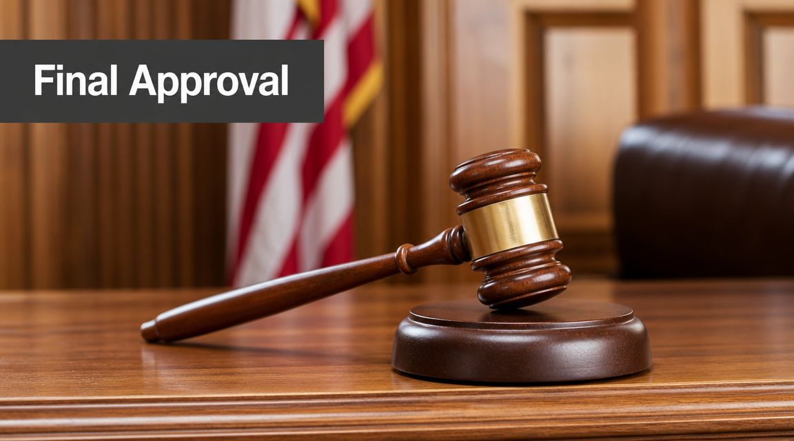 A wooden judge's gavel resting on a sound block in a courtroom with a US flag behind