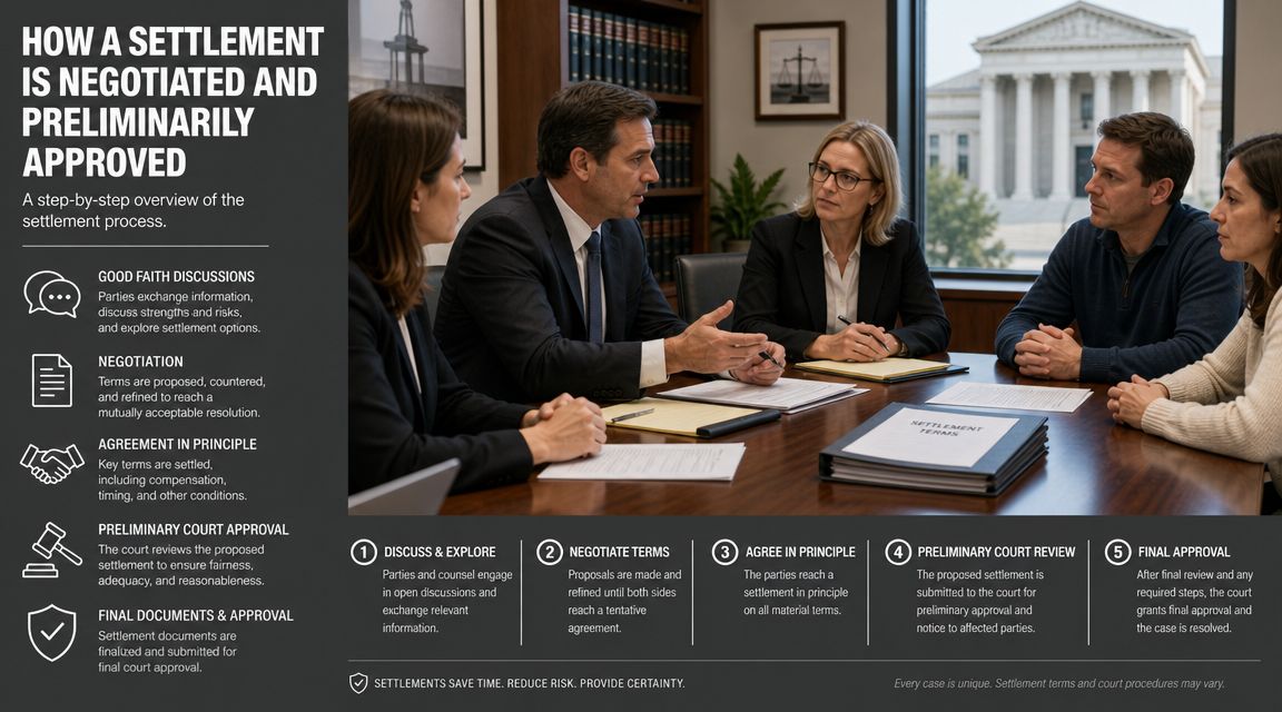 A group of professionals in a legal meeting discussing a step-by-step class action settlement approval process.