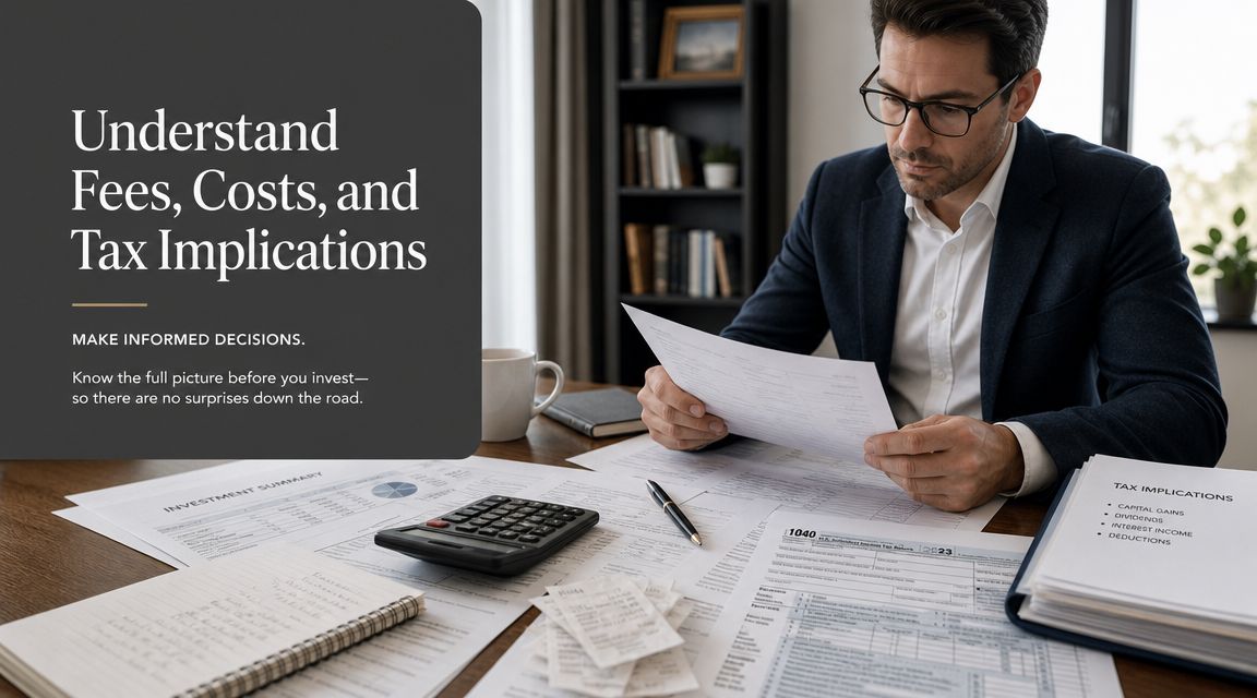A professional man reviewing financial tax documents and investment summaries while working at a wooden desk.