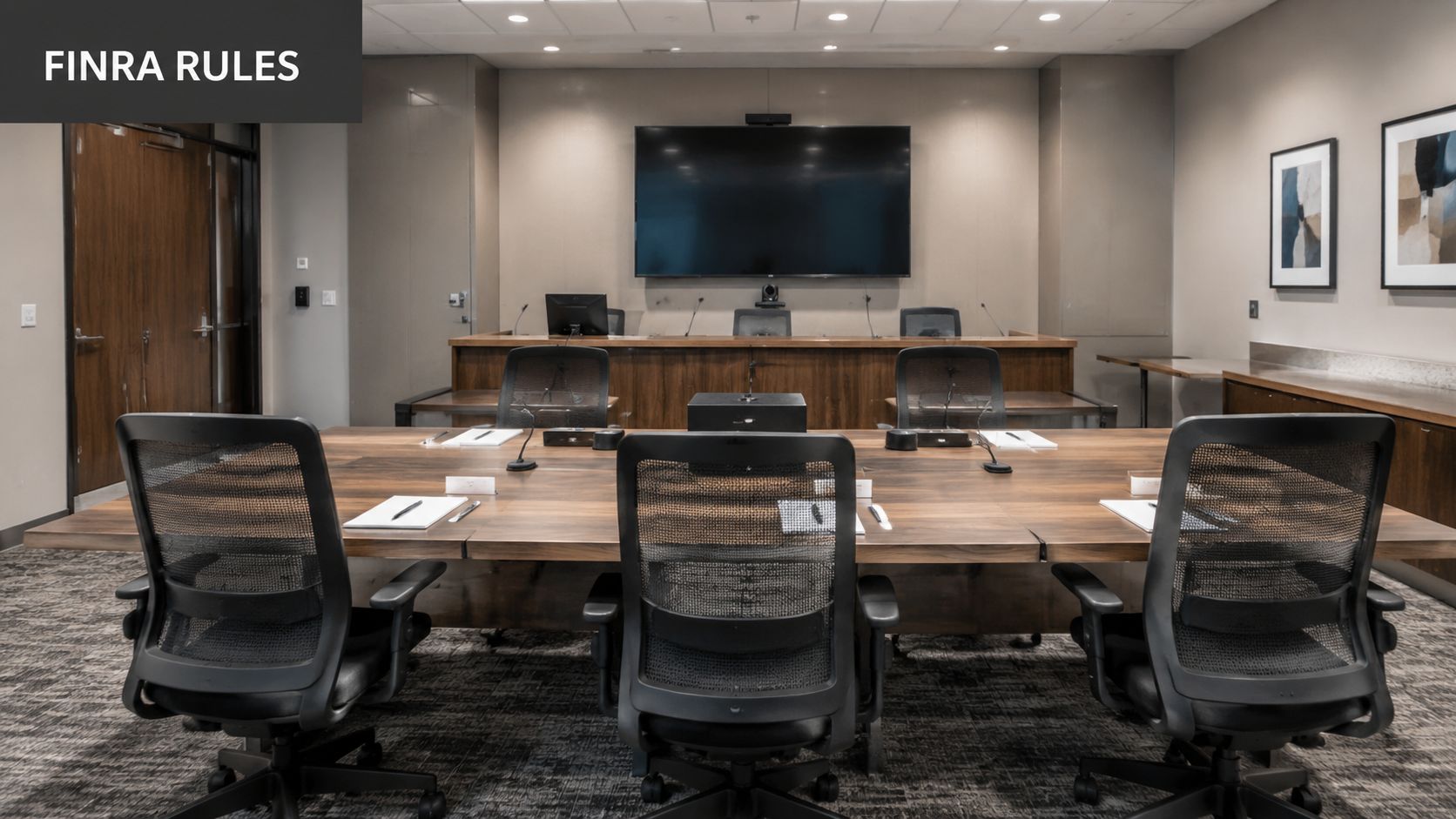 A professional boardroom set up for an arbitration hearing with a large wooden table and chairs.