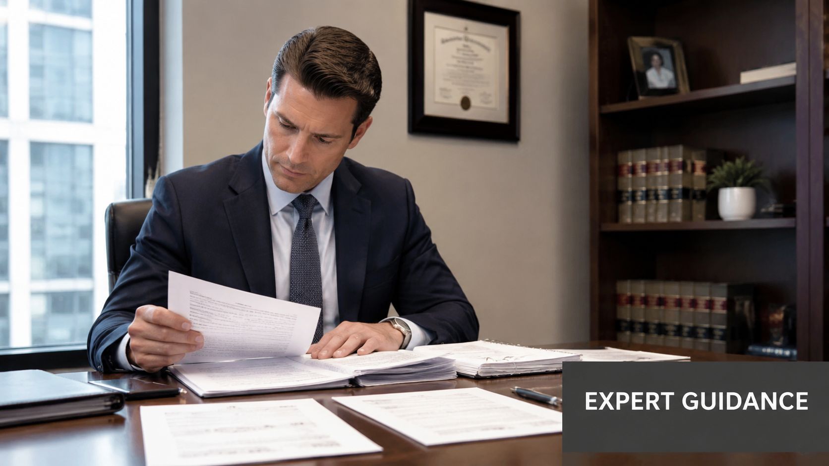 A professional lawyer in a business suit reviewing legal documents at his desk in an office.