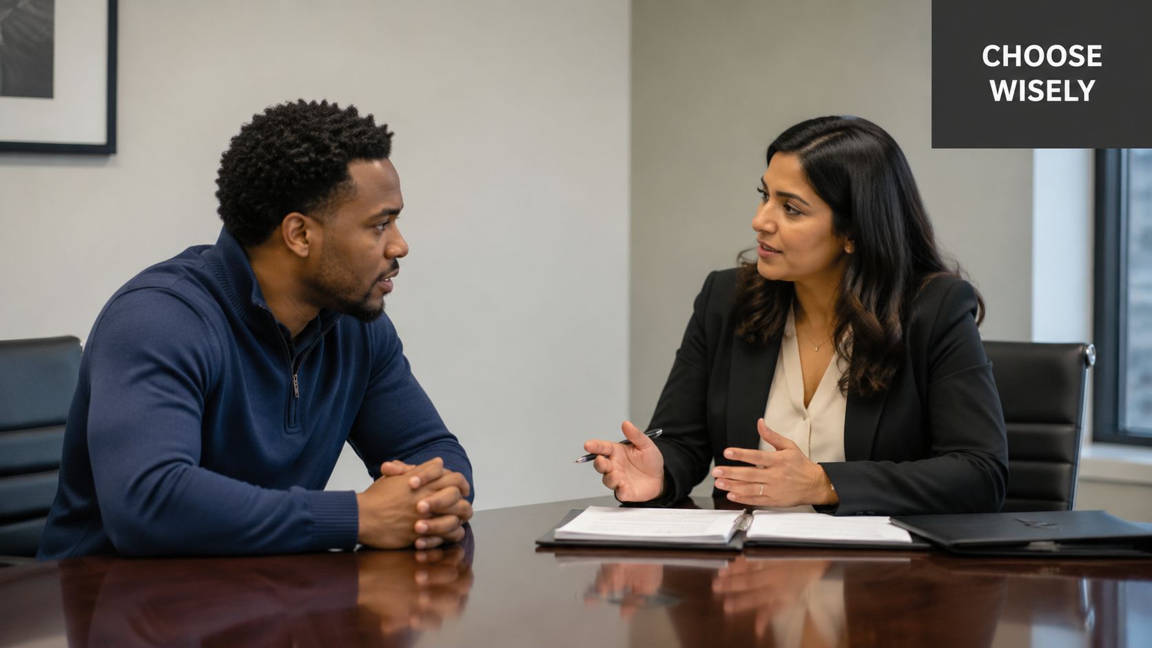 A professional woman in a suit consults with a man in an office setting about legal documentation.