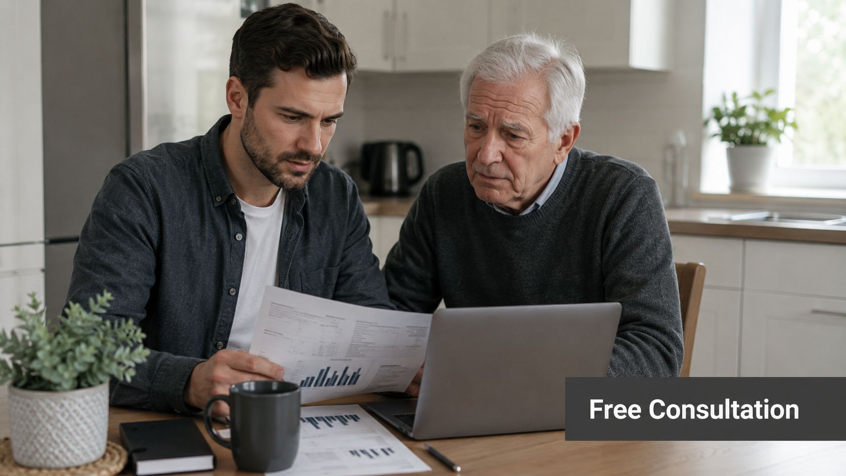 A young professional financial advisor discusses investment documents with an elderly man at a home kitchen table.