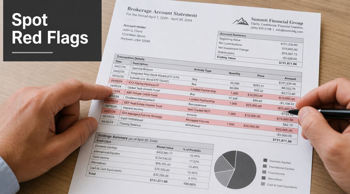 A person reviewing a brokerage account statement highlighting suspicious transactions, suggesting potential signs of elder financial abuse.