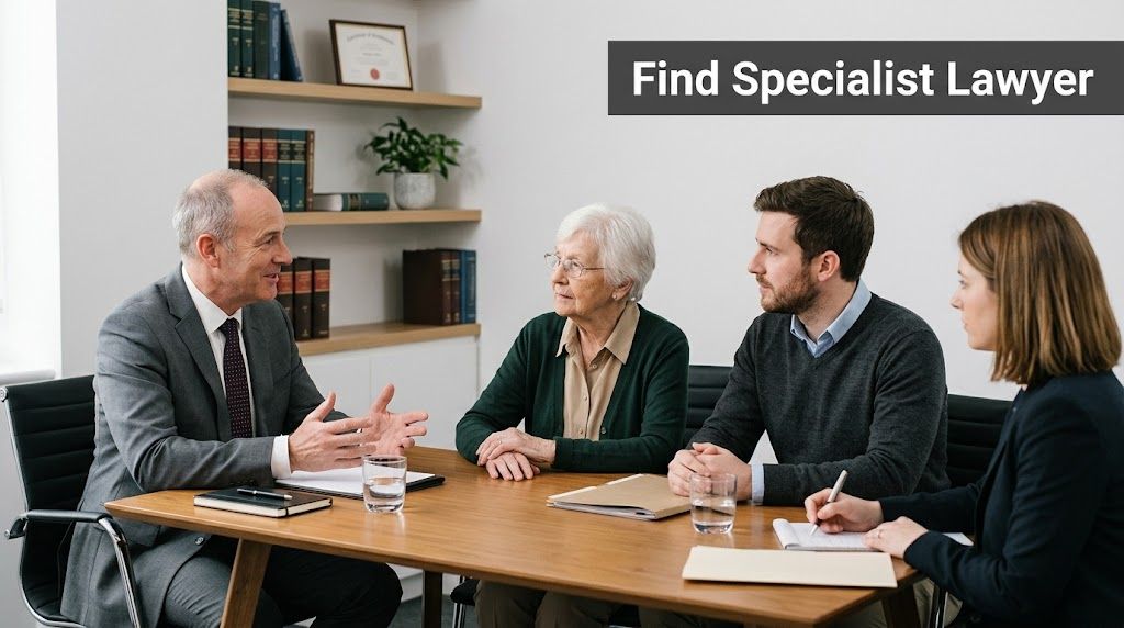 A professional lawyer having a consultation with an elderly woman and her son in an office.