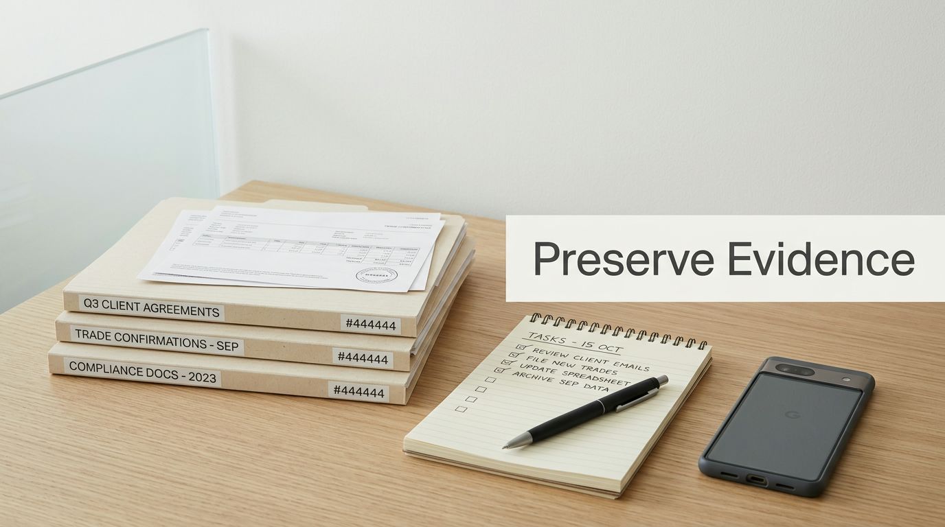 A wooden desk with files labeled compliance documents, a notepad with tasks, and a smartphone.