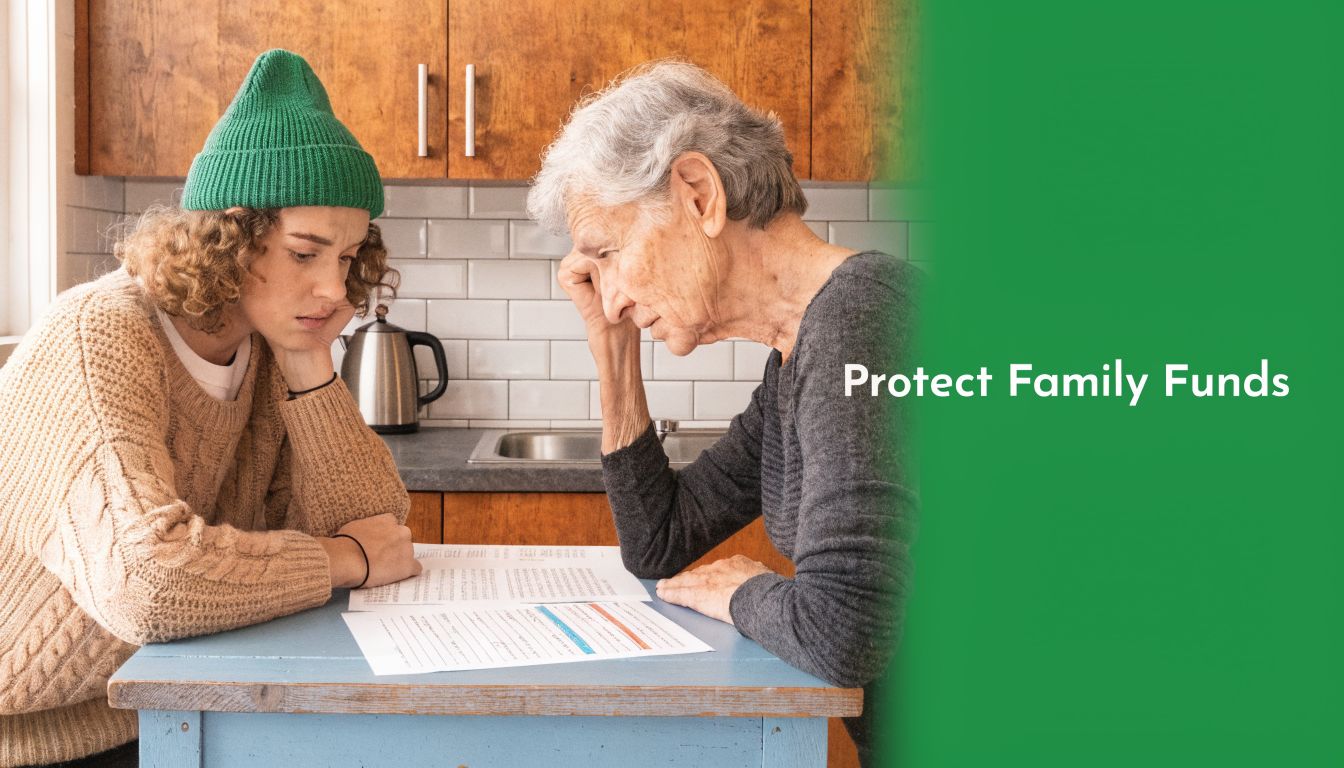 A young person and an elderly woman looking concerned while reviewing financial documents at a table.