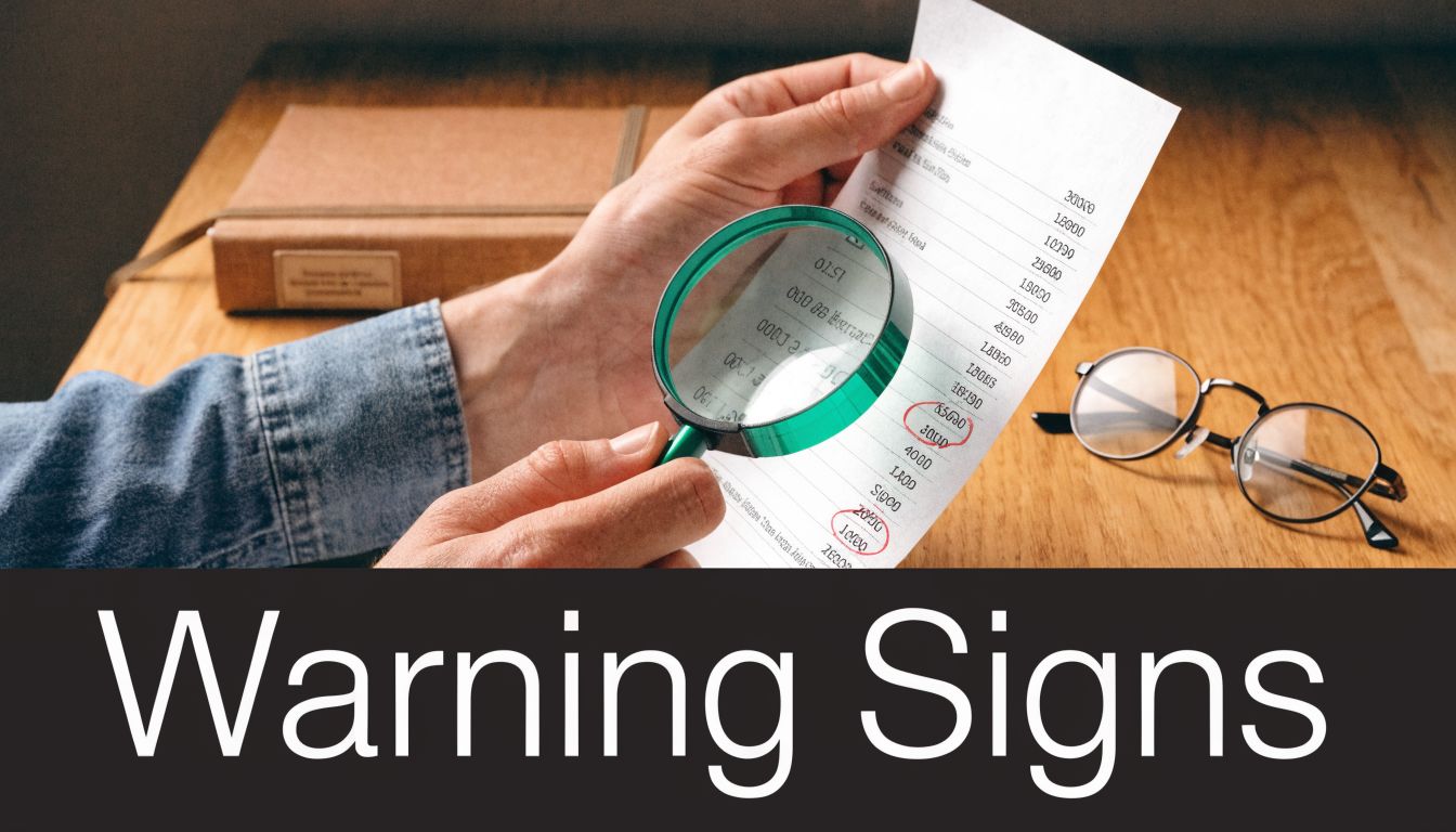 A person using a magnifying glass to carefully examine a document for signs of financial fraud.
