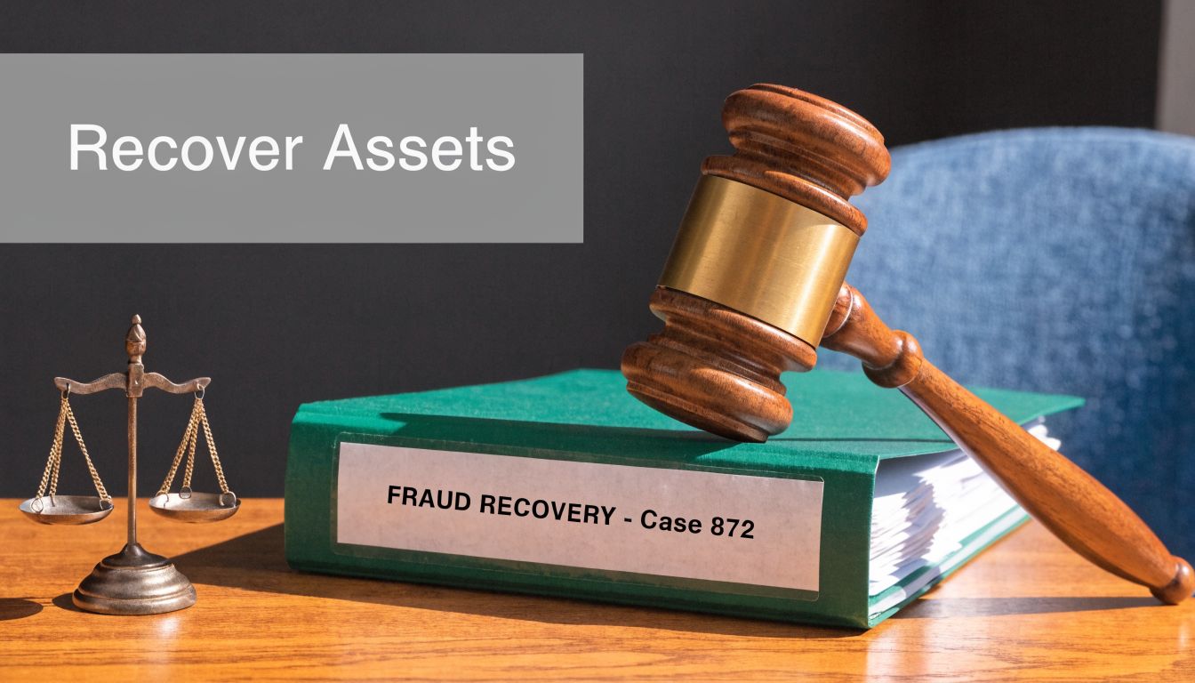 A wooden judge's gavel rests on a green binder labeled Fraud Recovery Case 872 with scales.