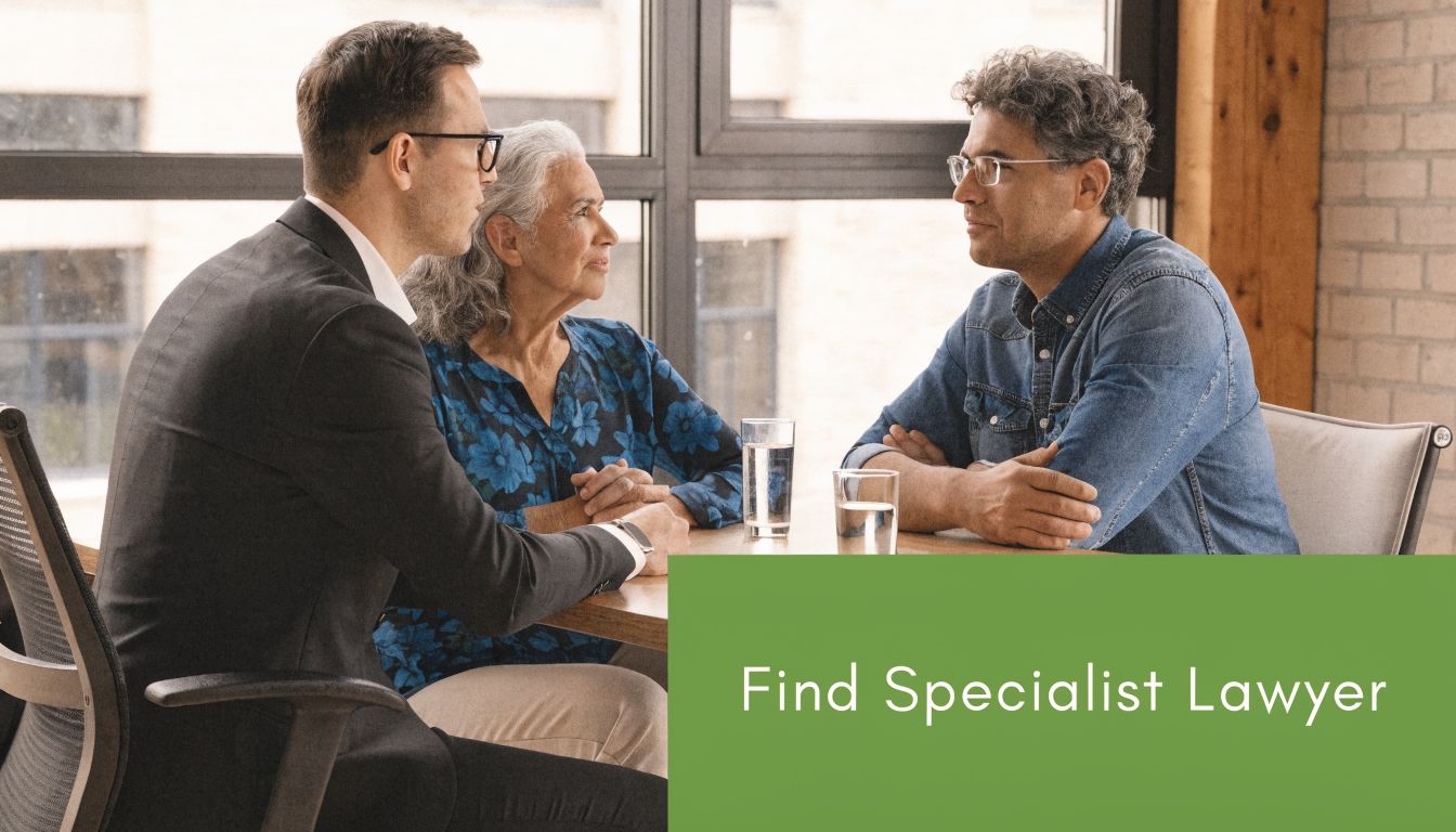A professional lawyer consults with an elderly woman and a man in a modern office setting.