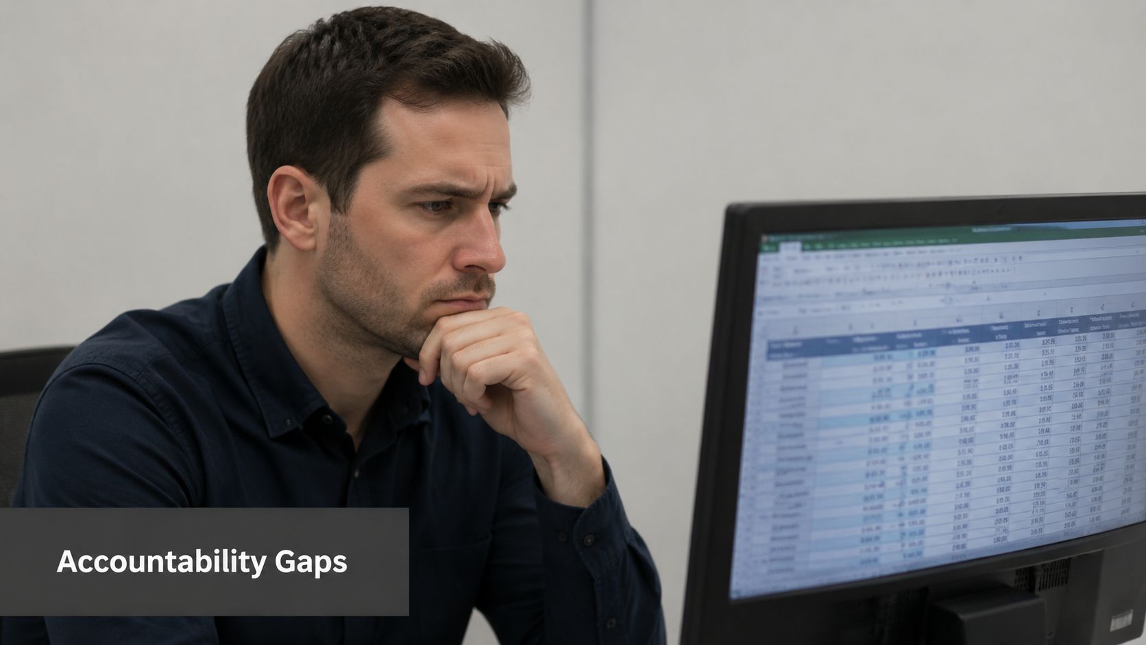 A focused man analyzing complex financial data on his computer screen in an office setting.
