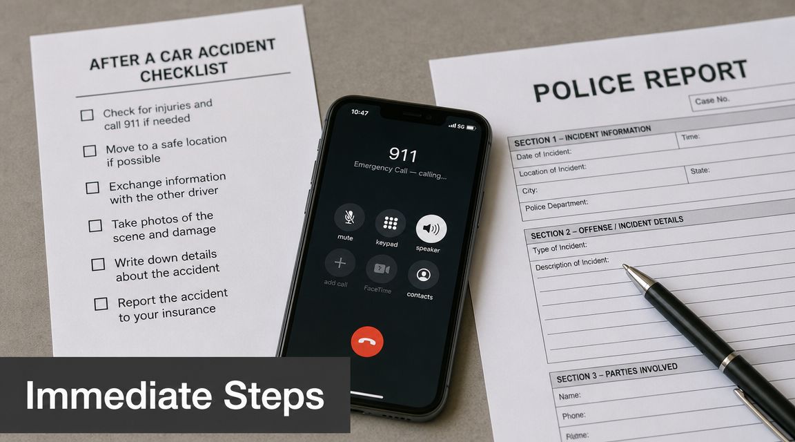 A checklist for a car accident next to a smartphone calling 911 and a police report document.