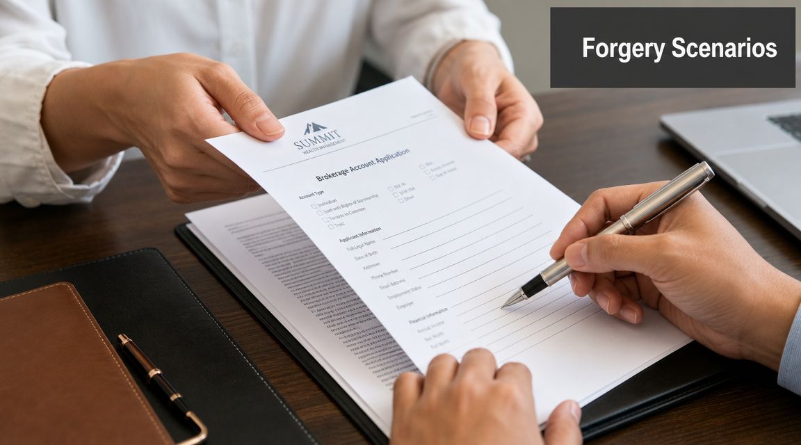 A professional handing a Brokerage Account Application form to a person preparing to sign it.