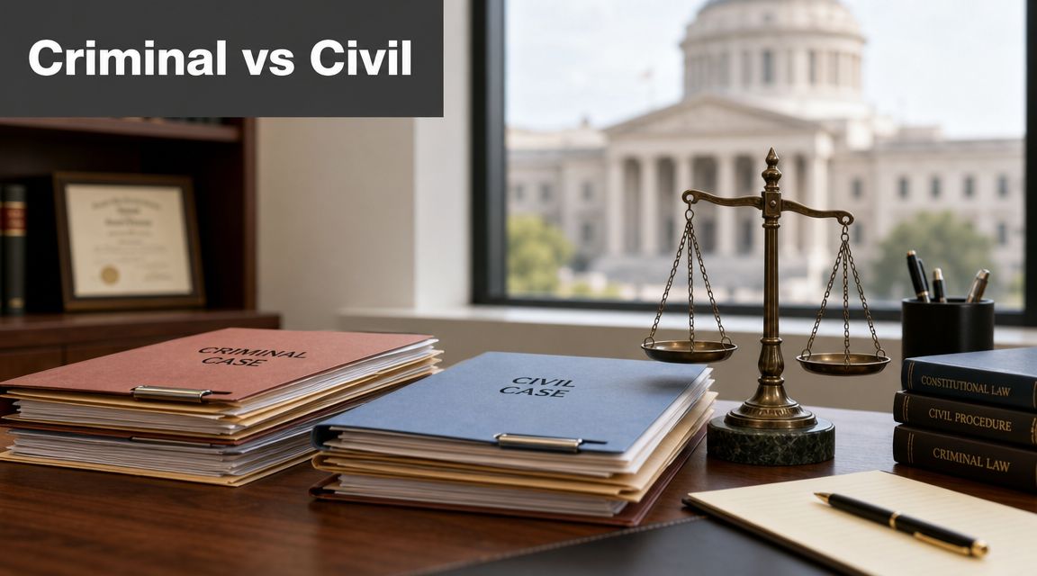 A law office desk featuring files for a criminal case and a civil case with scales of justice.