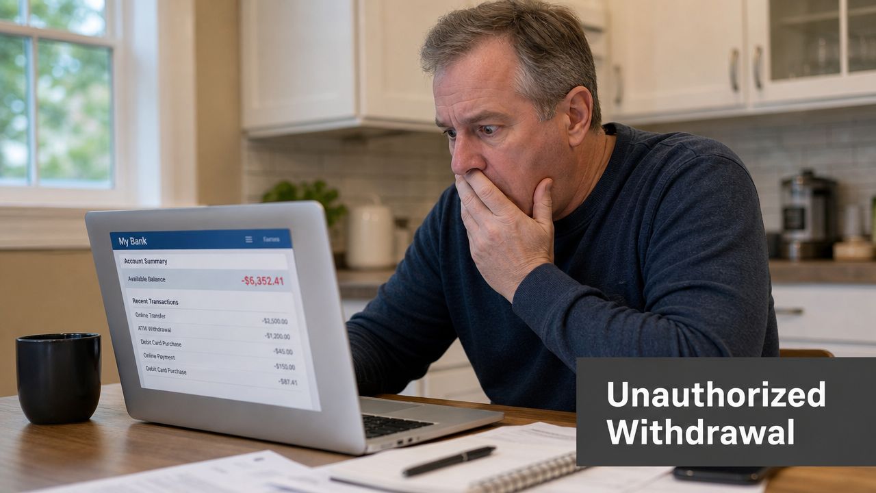 A concerned middle-aged man stares at his laptop screen showing a negative bank account balance.