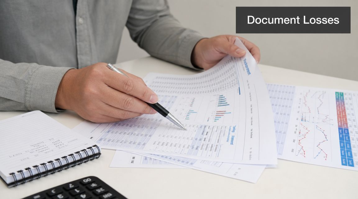 A professional analyzing financial charts and document losses at a desk with a calculator and notebook.