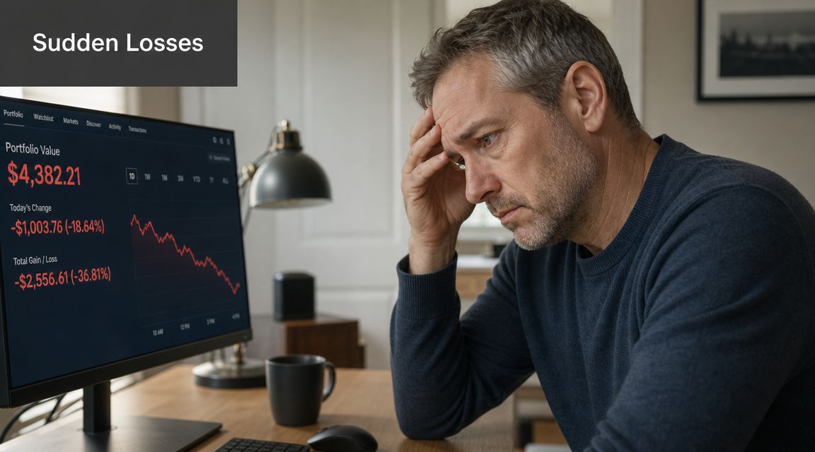 A middle-aged man looking stressed and worried while viewing a significant financial loss on his computer screen.