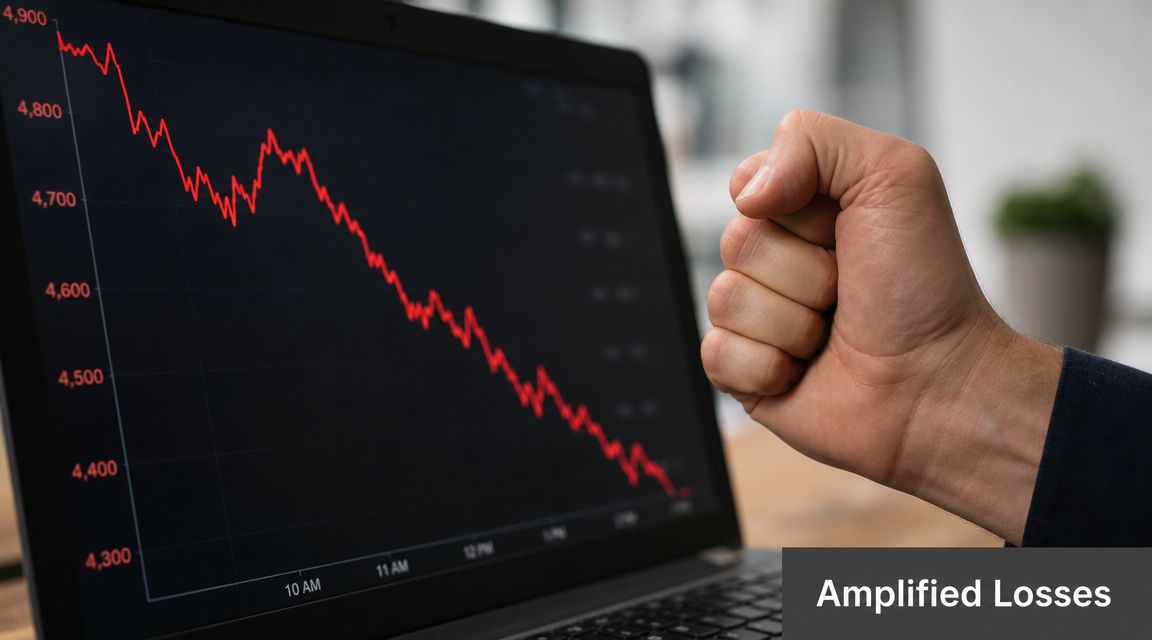 A frustrated person clenches their fist next to a laptop displaying a plummeting red stock market graph.