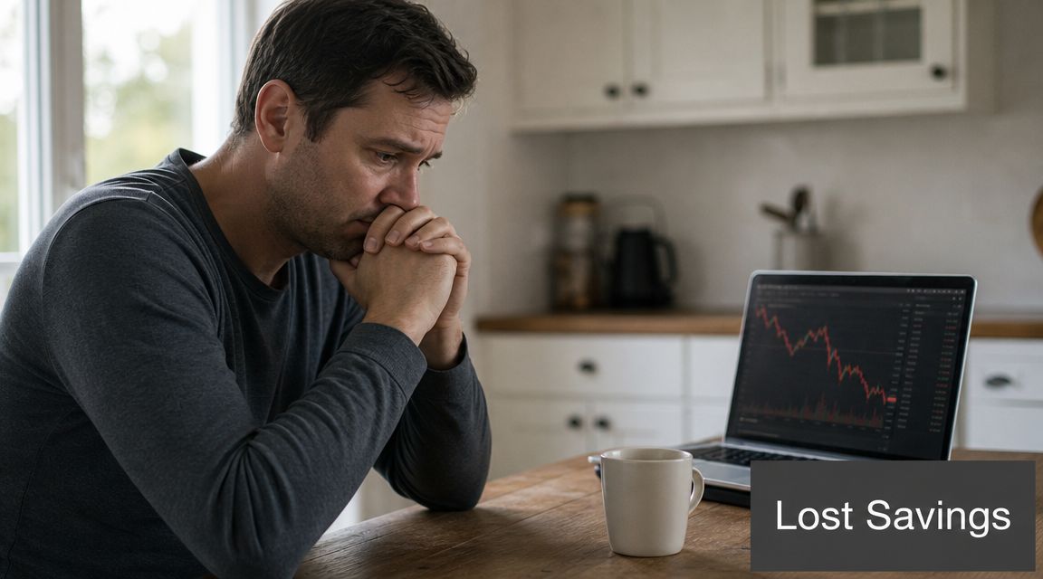 A man looking stressed and worried while viewing a declining stock market chart on his laptop.