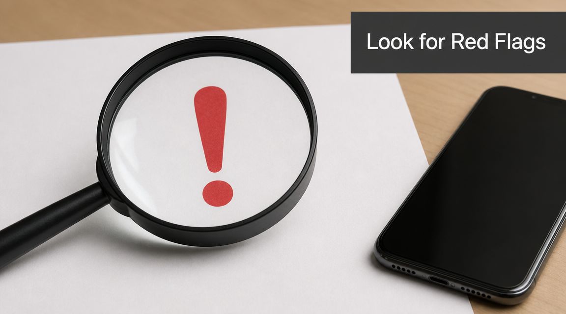 A magnifying glass positioned over a red exclamation mark on paper next to a smartphone.
