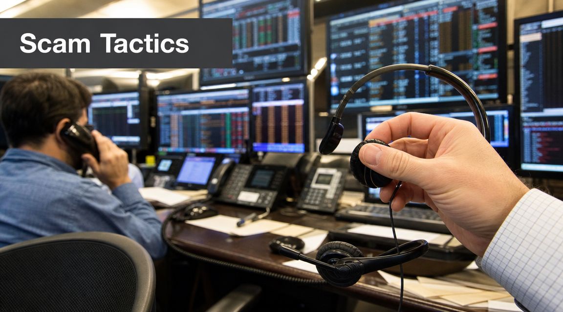 A professional desk setting with traders using headsets and multiple computer screens displaying complex stock market data.