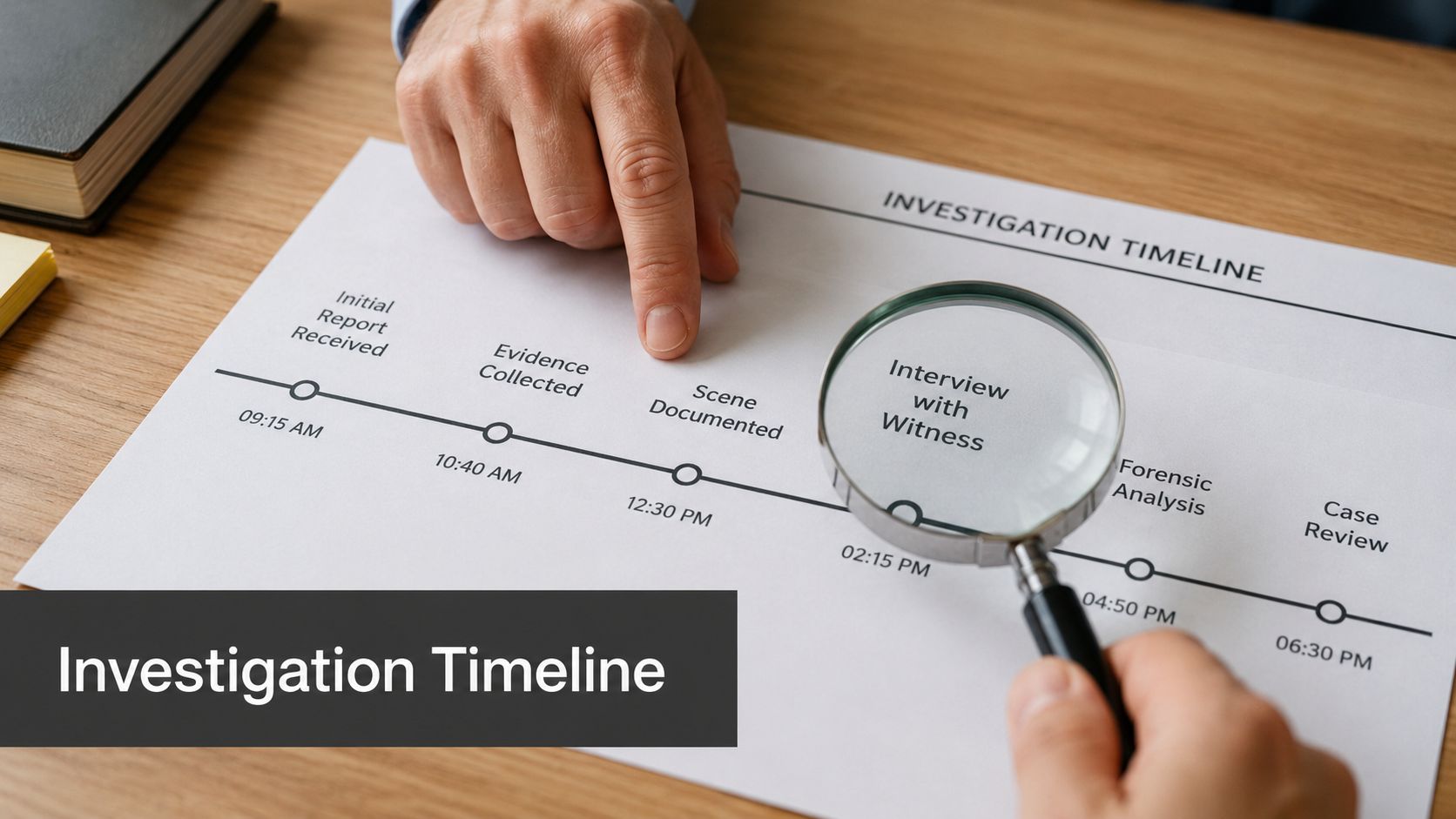 A person using a magnifying glass to review an investigation timeline document on a wooden desk.