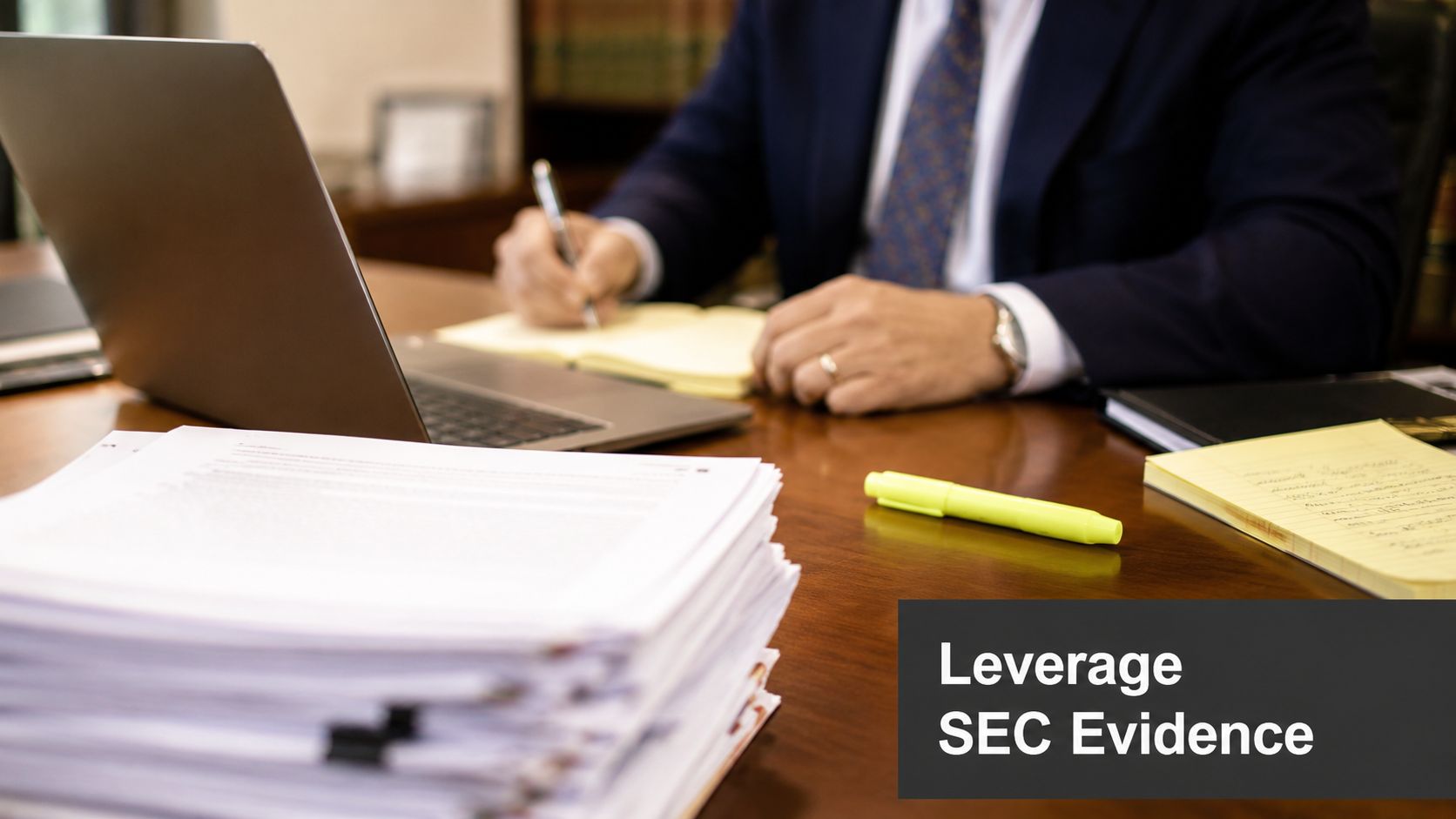 A professional lawyer working at a desk with documents and a laptop, focusing on SEC enforcement evidence.