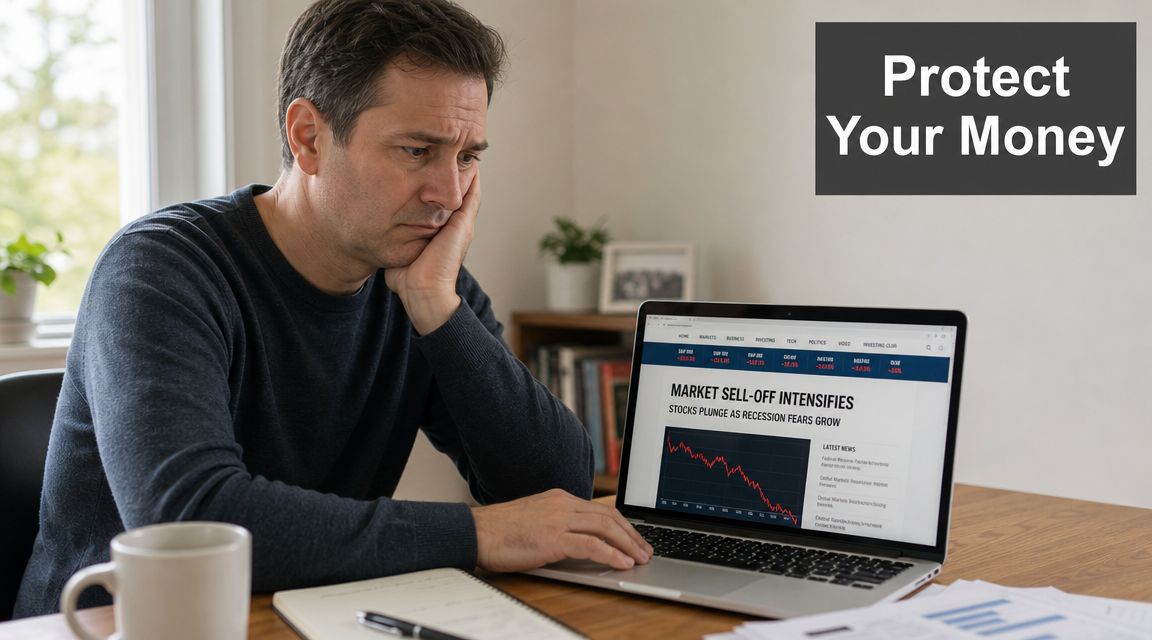 A concerned man looks at his laptop displaying a stock market crash chart and recession news headlines.