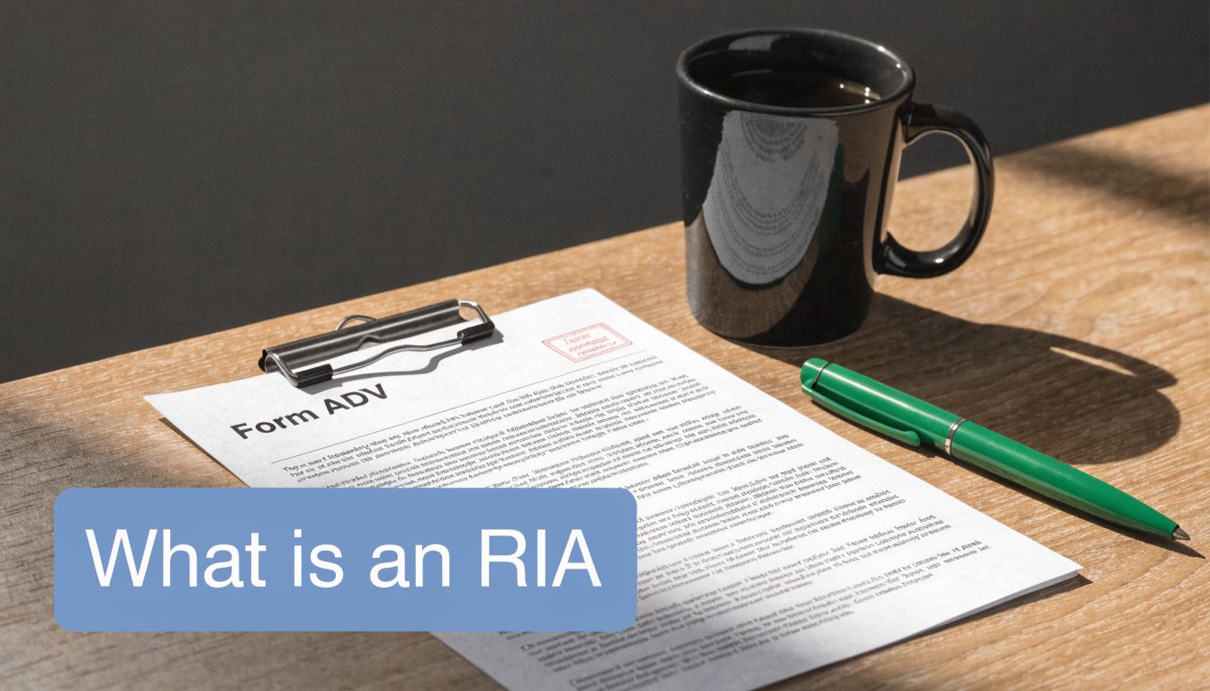 A document labeled Form ADV on a desk with a pen and a cup of coffee nearby.