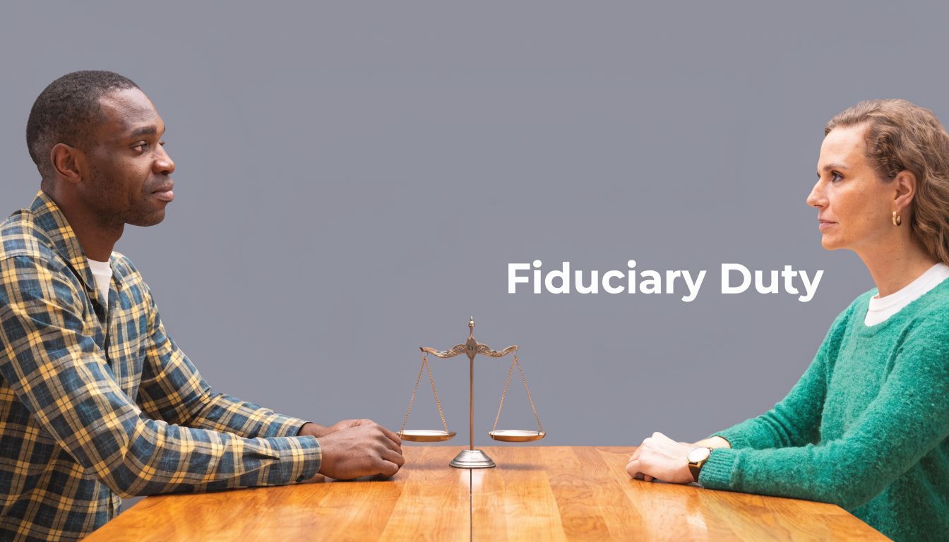 A man and woman sitting across from each other at a wooden table with a balance scale.