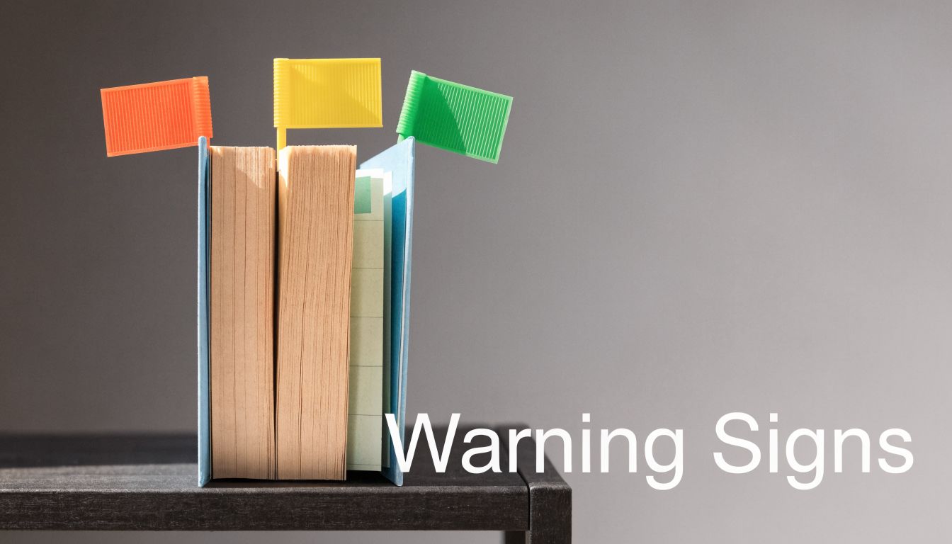 A close-up of a book on a shelf with three colorful page marker flags sticking out.