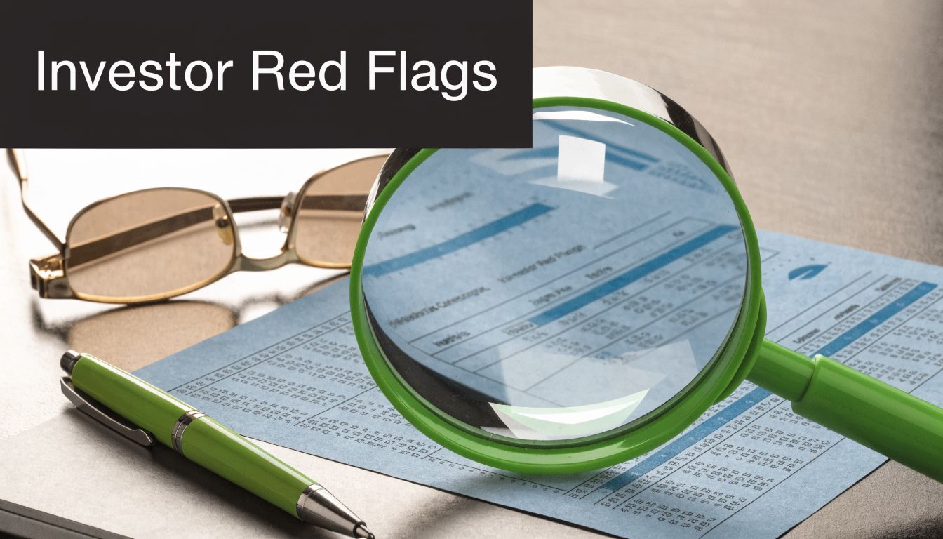 A magnifying glass placed over a financial spreadsheet document with glasses and a green pen nearby.