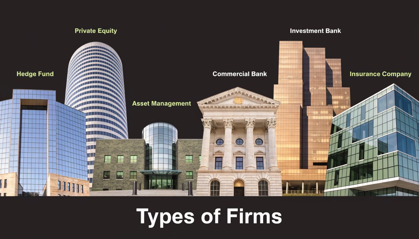 Illustration of various financial institution buildings labeled as hedge fund, private equity, asset management, commercial bank, investment bank, and insurance company.