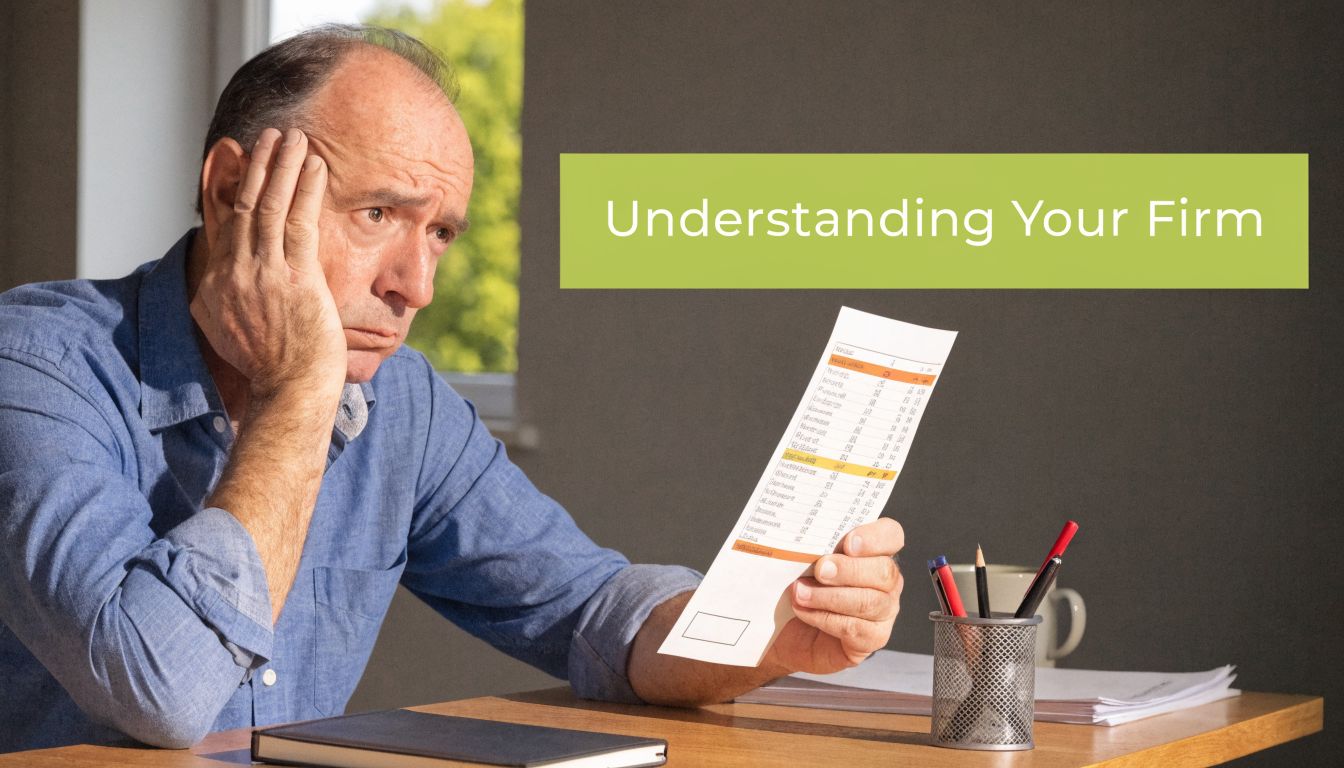 A concerned mature man sits at a desk while reviewing a financial document or firm statement.