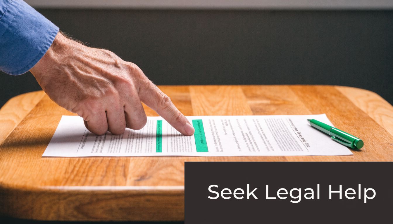 A person pointing at a legal contract on a wooden table with a green pen nearby.