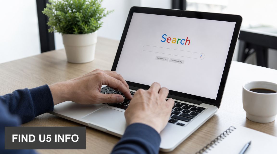 A person using a laptop with a search engine open on the screen at a desk.